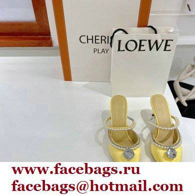 Mach & Mach Heel 6cm Pearl Crystal Mules Satin Yellow 2022 - Click Image to Close